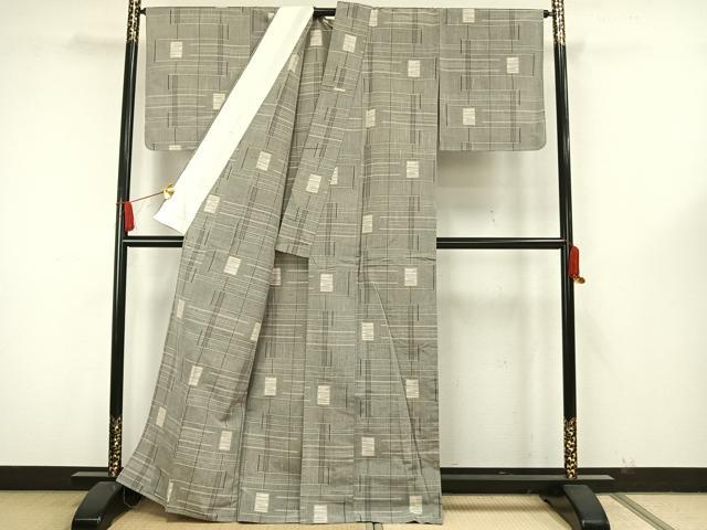 平和屋着物▽上質な紬 単衣 幾何学文様 正絹 逸品 未使用 AAAW7790fy