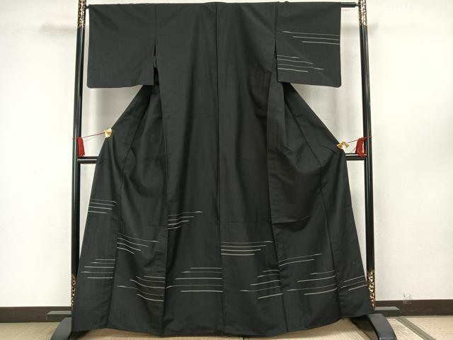 平和屋着物▽訪問着 単衣 紬地 横縞 正絹 逸品 AAAW7794fy