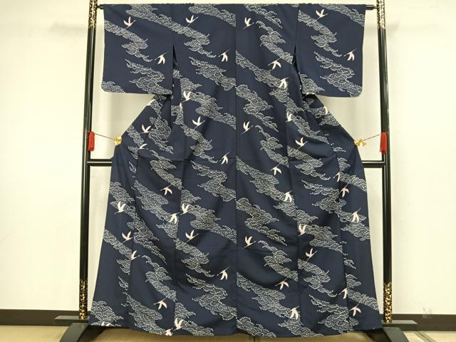 平和屋着物▽小紋 単衣 飛鶴立波文 洗える着物 AAAW7821fy