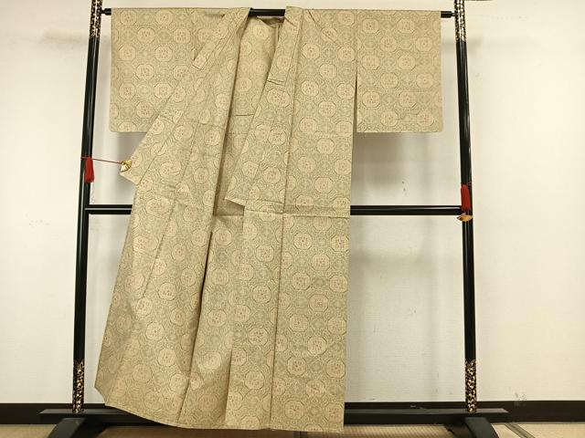 平和屋着物▽上質な紬 単衣 吉祥花文 正絹 逸品 AAAW7863fy