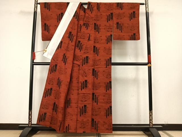 平和屋着物▽上質な紬 単衣 扇面花文 正絹 逸品 AAAW7869fy