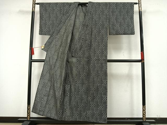 平和屋着物▽上質なお召 単衣 幾何学文様 黒地 正絹 逸品 AAAW7877fy