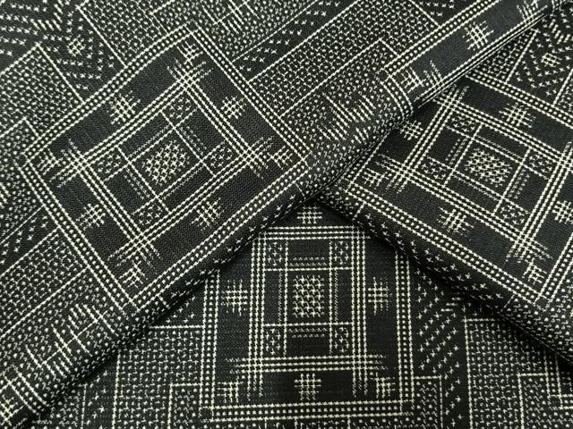 平和屋着物▽上質なお召 単衣 幾何学文様 黒地 正絹 逸品 AAAW7877fy