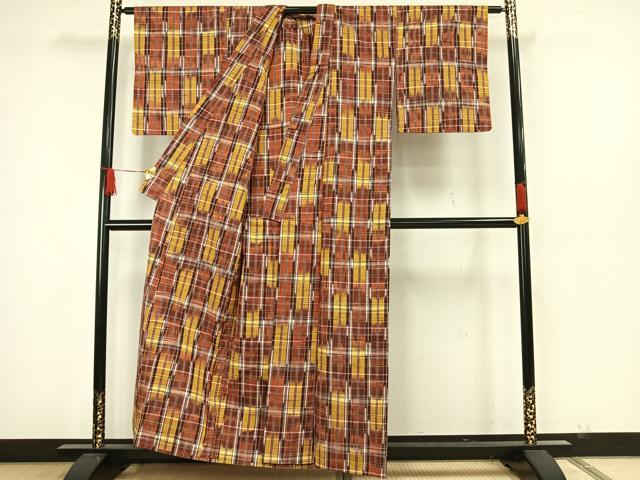 平和屋着物▽上質な紬 単衣 格子 正絹 逸品 AAAW7884fy