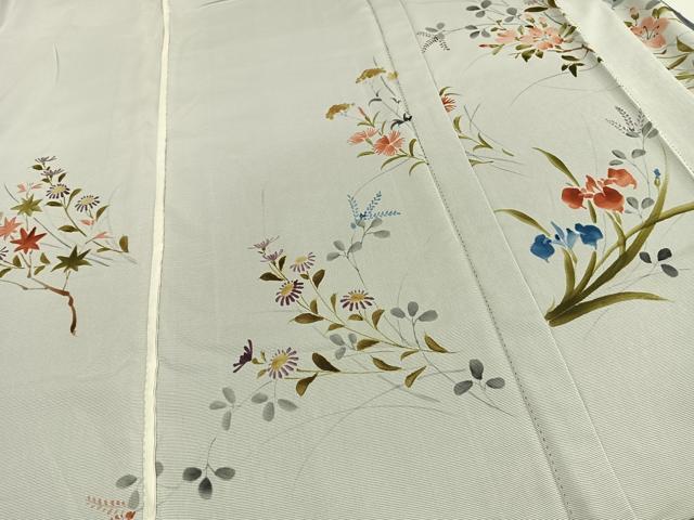 平和屋着物▽訪問着 無双 紗袷 紗×絽 手描き 草花文 正絹 逸品 AAAW7886fy