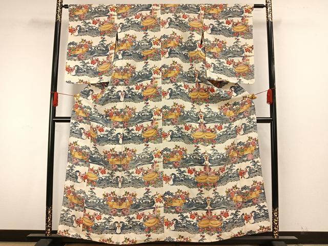 平和屋着物▽上質な小紋 単衣 型染め 風景草花文 正絹 逸品 AAAW7892fy