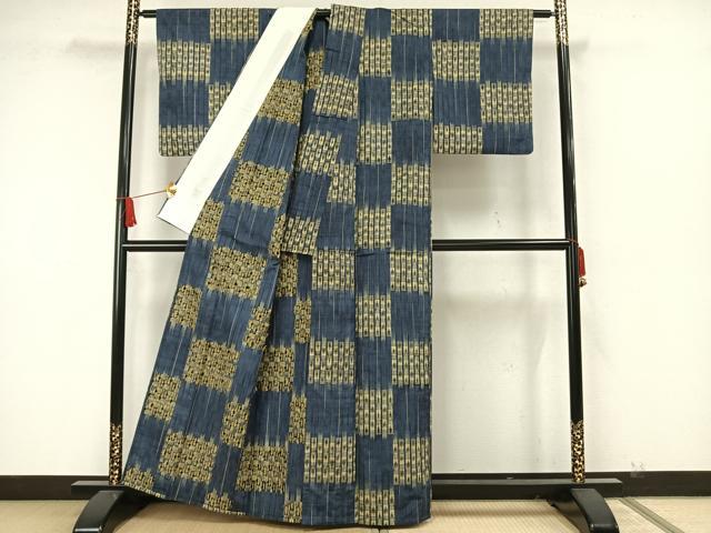 平和屋着物▽上質な紬 単衣 幾何学文様 正絹 逸品 AAAW7914fy