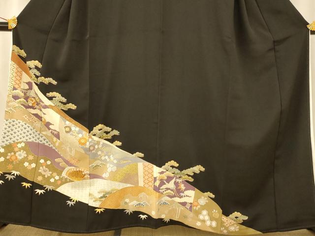 平和屋着物■豪華黒留袖 駒刺繍 飛鶴宝尽くし 金糸 金彩 正絹 逸品 AAAW8496fw