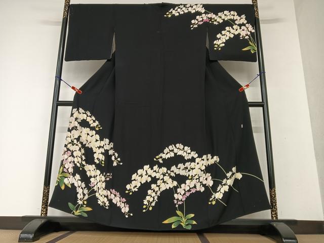 平和屋着物●訪問着 友禅 作家物 胡蝶蘭 黒地 正絹 逸品 AAAW9073zg