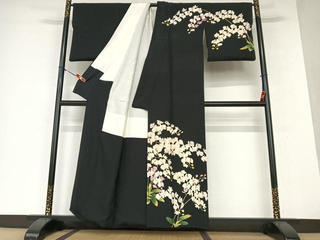 平和屋着物●訪問着 友禅 作家物 胡蝶蘭 黒地 正絹 逸品 AAAW9073zg