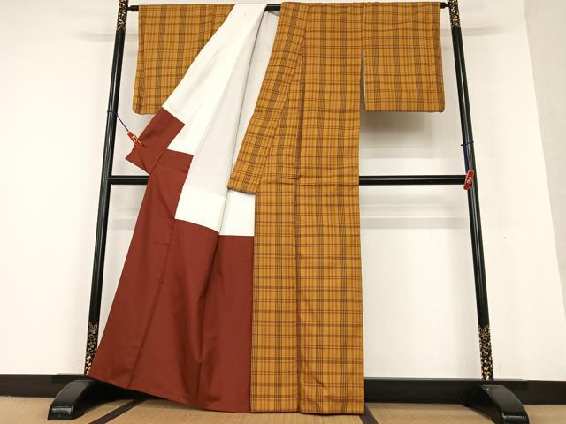 平和屋着物●本場黄八丈 まるまなこ 紬 格子 正絹 逸品 AAAW9093zg