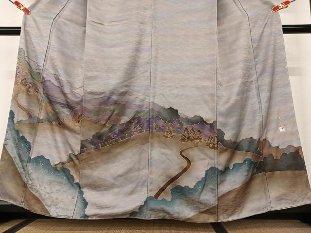 平和屋着物●染色家 岸上純平 訪問着 遠山重ね風景文 暈し染め 金彩 正絹 逸品 AAAW9215zg