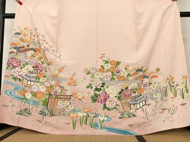 平和屋着物●訪問着 友禅 手描き 松竹梅風景花文 暈し染め 金彩 正絹 逸品 AAAW9217zg