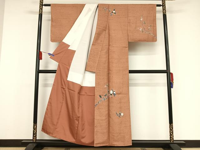 平和屋着物●十日町友禅作家 岡村蒼風 訪問着 紬地 枝花文 正絹 逸品 AAAX0094np