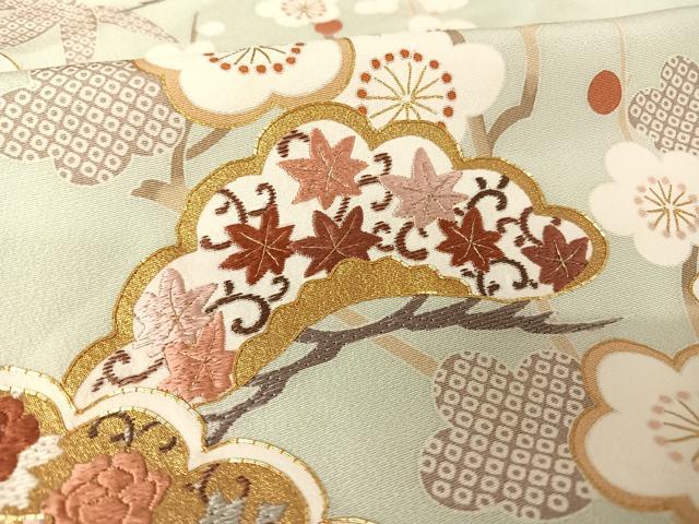 平和屋着物●蘇州刺繍 訪問着 松竹梅草花文 金糸 金彩 反端付き 月白色地 正絹 逸品 未使用 AAAX0171np