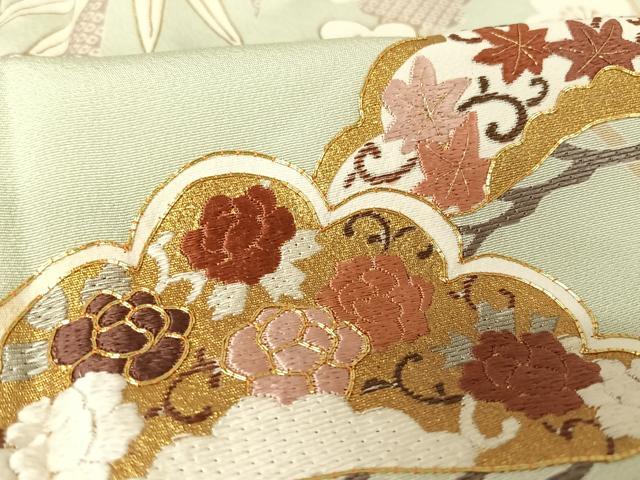 平和屋着物●蘇州刺繍 訪問着 松竹梅草花文 金糸 金彩 反端付き 月白色地 正絹 逸品 未使用 AAAX0171np