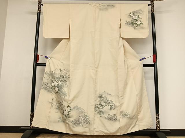平和屋着物●訪問着 紬地 手描き 風景牡丹文 正絹 逸品 AAAX0193np