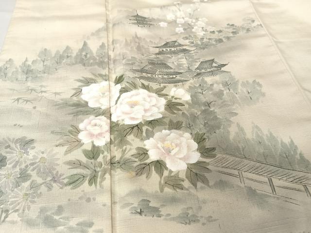 平和屋着物●訪問着 紬地 手描き 風景牡丹文 正絹 逸品 AAAX0193np