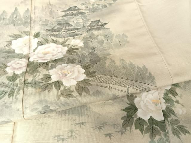 平和屋着物●訪問着 紬地 手描き 風景牡丹文 正絹 逸品 AAAX0193np