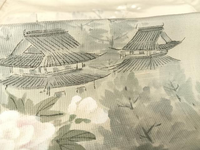平和屋着物●訪問着 紬地 手描き 風景牡丹文 正絹 逸品 AAAX0193np