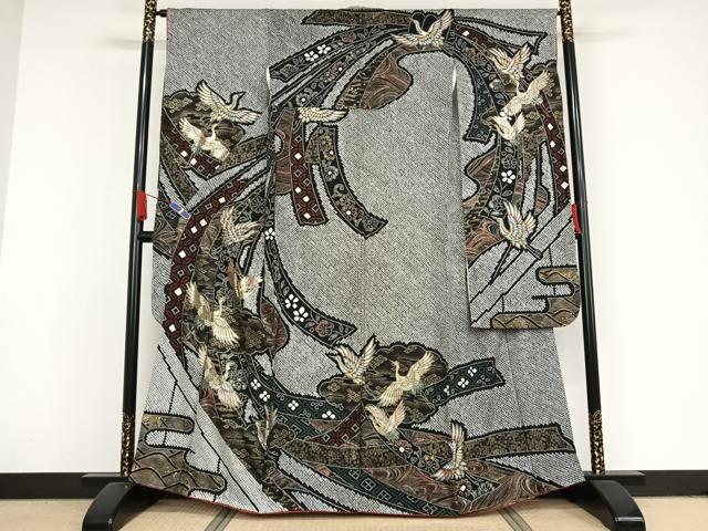 平和屋着物●豪華振袖 絞り 束ね熨斗飛鶴花文 黒地 金彩 正絹 逸品 AAAX0375np