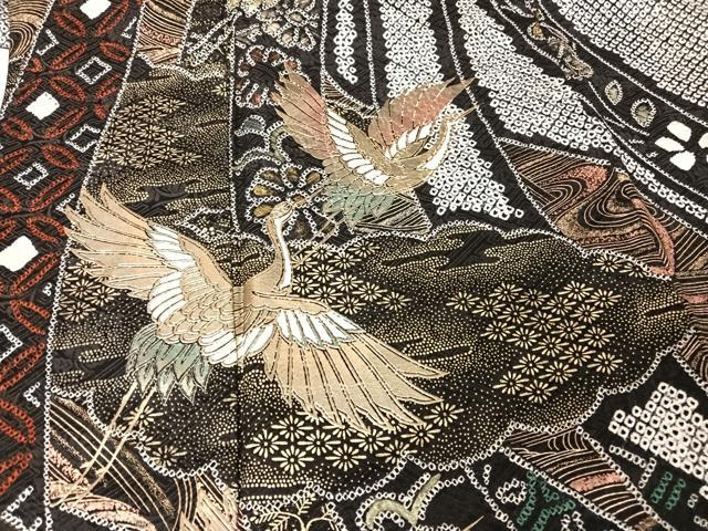 平和屋着物●豪華振袖 絞り 束ね熨斗飛鶴花文 黒地 金彩 正絹 逸品 AAAX0375np