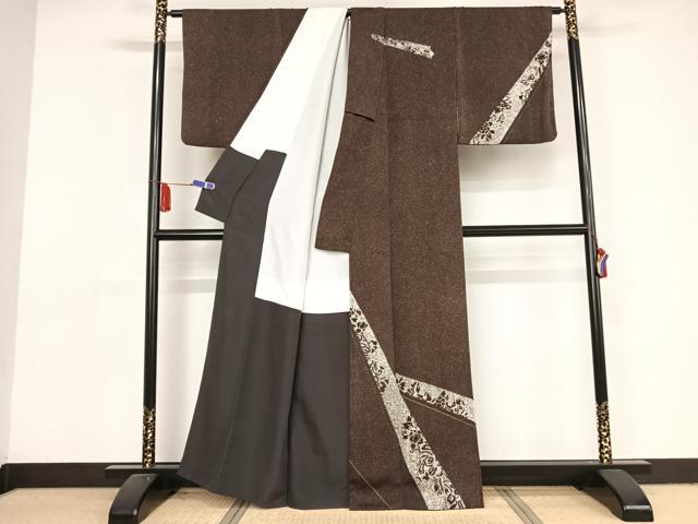 平和屋着物●訪問着 斜め取り花文 たたき染め 正絹 逸品 AAAX0385np