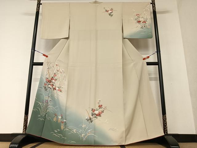 平和屋着物●訪問着 友禅 流水草花文 暈し染め 正絹 逸品 AAAX0573zg