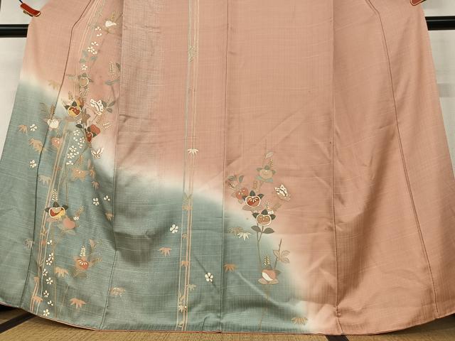 平和屋着物●訪問着 駒刺繍 花蝶文 橘 暈し染め 金彩 正絹 逸品 AAAX0619zg