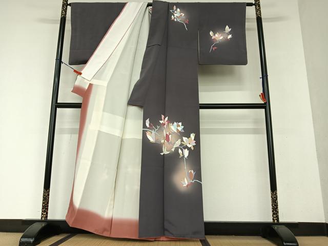 平和屋着物●訪問着 手描き 枝花に休み鳥 暈し染め 正絹 逸品 AAAX0655zg