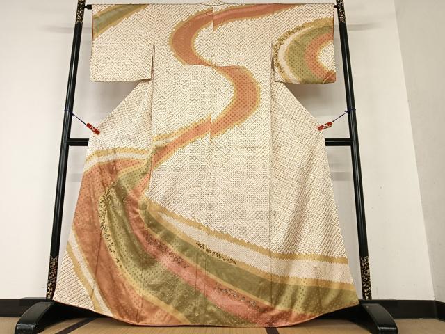 平和屋着物●訪問着 手描き 絞り 中国三大刺繍 スワトウ刺繍 汕頭刺繍 相良刺繍 更紗花間道 暈し染め 金彩 正絹 逸品 AAAX0777zg