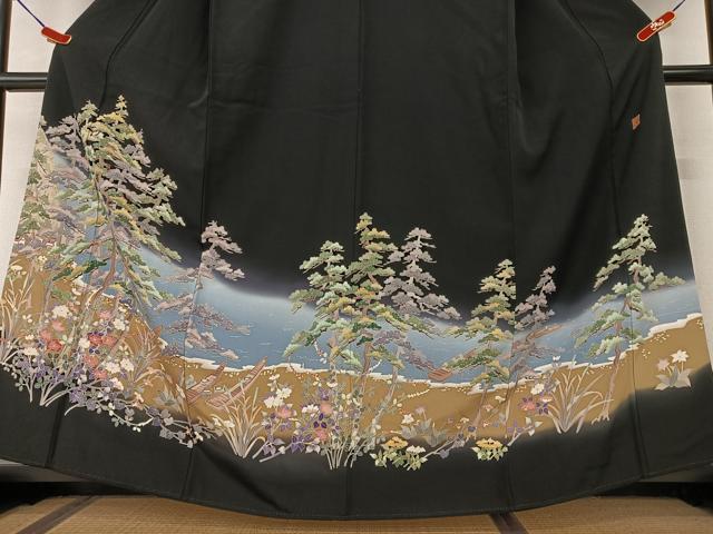 平和屋着物●本加賀友禅作家 西川健一 黒留袖 風景花松文 暈し染め 正絹 逸品 AAAX0783zg