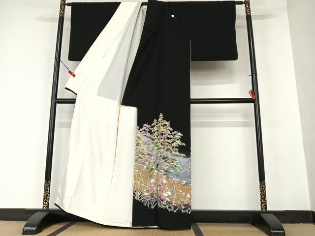 平和屋着物●本加賀友禅作家 西川健一 黒留袖 風景花松文 暈し染め 正絹 逸品 AAAX0783zg