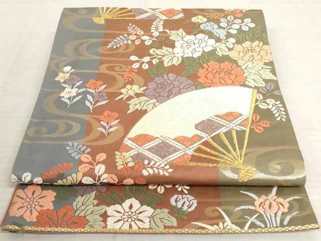 平和屋着物◎六通柄袋帯 唐織 扇面花文 金糸 正絹 逸品 AAAX1129sg
