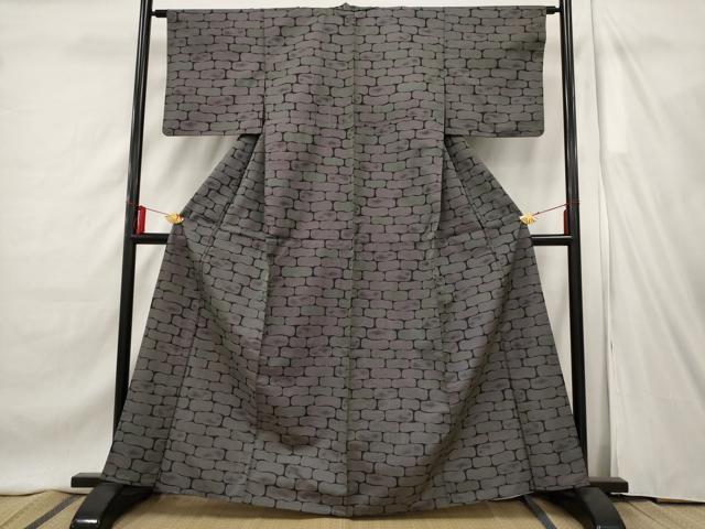 平和屋着物▽上質な小紋 単衣 石畳文様 黒地 正絹 逸品 AAAX2901st