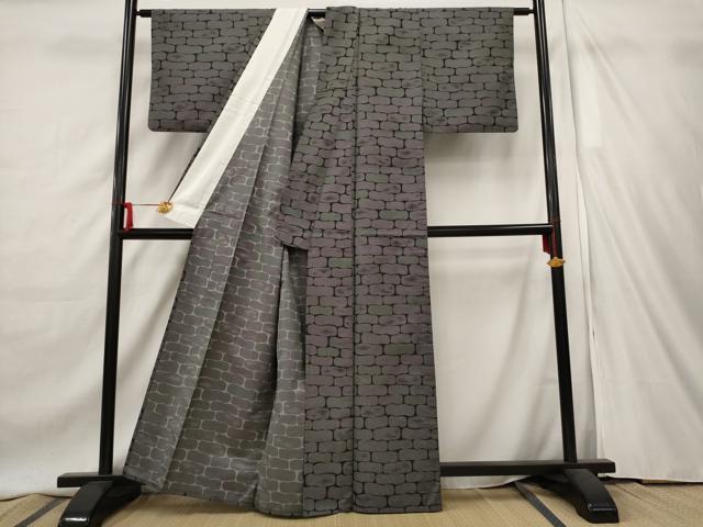 平和屋着物▽上質な小紋 単衣 石畳文様 黒地 正絹 逸品 AAAX2901st