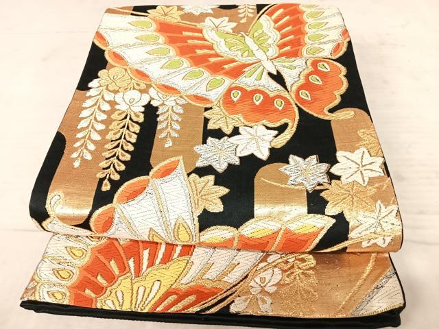 平和屋着物◎六通柄袋帯 小袖調堂垂舞蝶 黒地 金糸 正絹 逸品 AAAX3105yx