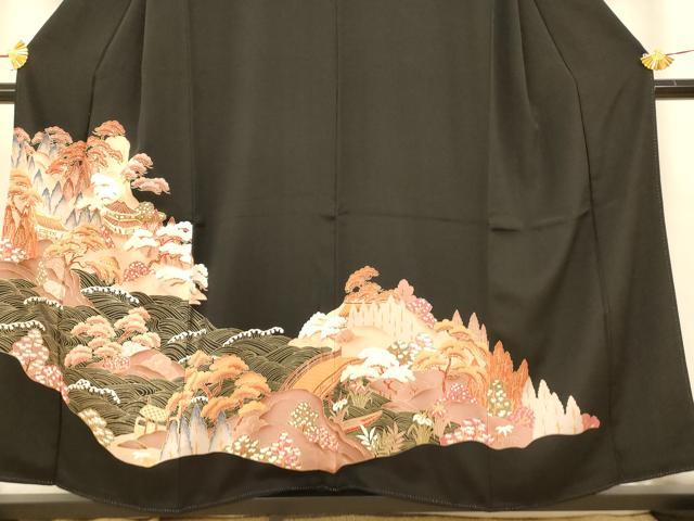 平和屋着物■豪華黒留袖 駒刺繍 風景文 金糸 金彩 正絹 逸品 AAAX3384fw
