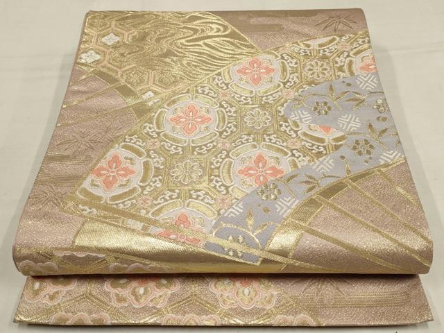 平和屋着物▼六通柄袋帯 扇面蜀田詰文 金糸 正絹 逸品 AAAX4618wj