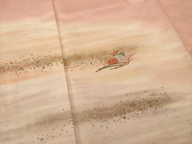 平和屋着物●訪問着 紬地 刺繍 霞松葉花文 暈し染め 反端付き 正絹 逸品 AAAX6986ck