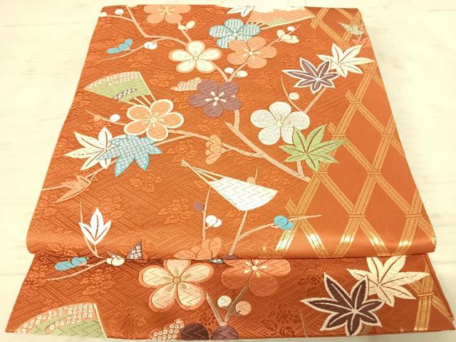 平和屋着物◎六通柄袋帯 唐織 秀彩梅花紅葉文 金糸 正絹 逸品 AAAX7469yx