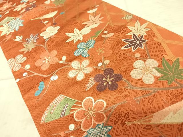 平和屋着物◎六通柄袋帯 唐織 秀彩梅花紅葉文 金糸 正絹 逸品 AAAX7469yx