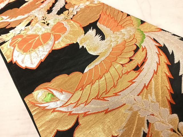平和屋着物◎六通柄袋帯 鳳凰花文 黒地 金銀糸 正絹 逸品 AAAX7482yx