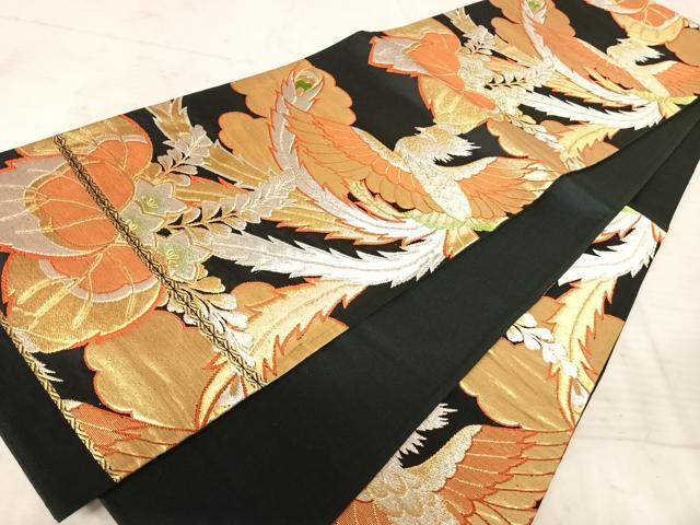 平和屋着物◎六通柄袋帯 鳳凰花文 黒地 金銀糸 正絹 逸品 AAAX7482yx