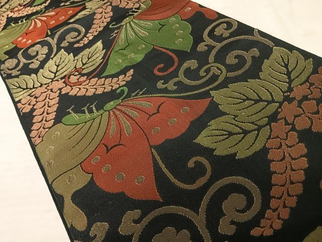 平和屋着物◎全通柄袋帯 舞蝶文 黒地 金糸 正絹 逸品 AAAX7494yx