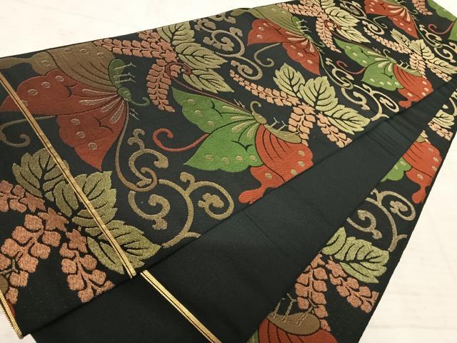 平和屋着物◎全通柄袋帯 舞蝶文 黒地 金糸 正絹 逸品 AAAX7494yx