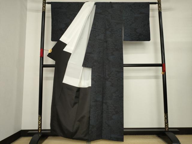平和屋着物●結城紬 80亀甲 エ霞風景花文 正絹 逸品 AAAX8350ck