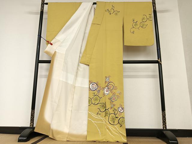 平和屋着物●京友禅作家 米沢新之助 訪問着 駒刺繍 花唐草文 金彩 正絹 逸品 AAAY0003zg