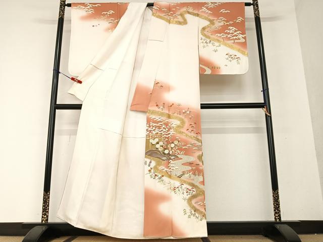 平和屋着物●訪問着 駒刺繍 松竹梅流水文 暈し染め 金彩 正絹 逸品 AAAY0031zg
