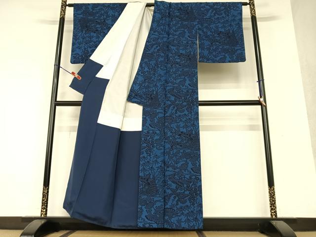平和屋着物●本藍 小紋 型染め 風景草花文 正絹 逸品 AAAY0077zg